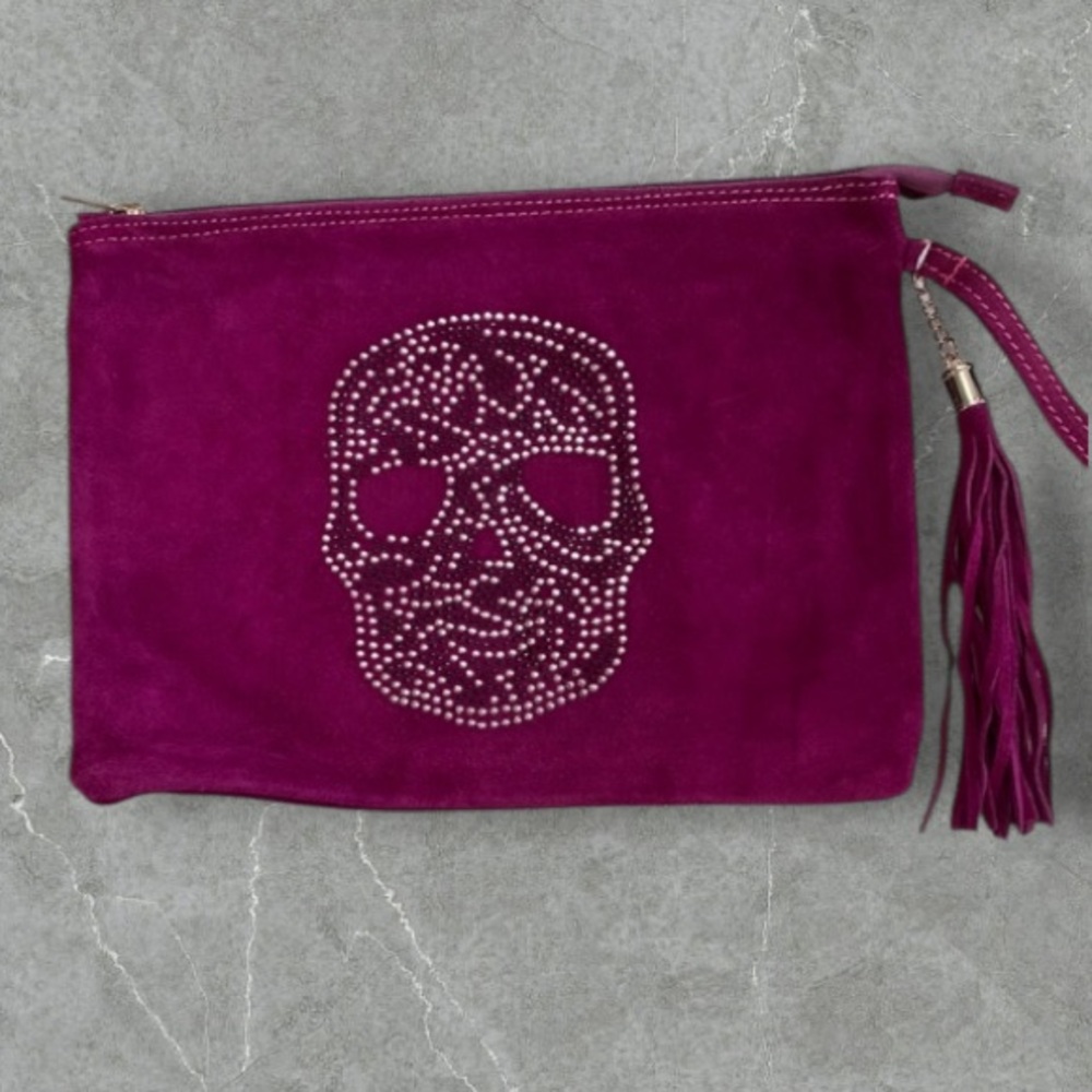 P'elle Purple Suede Clutch with Studded Skull Design